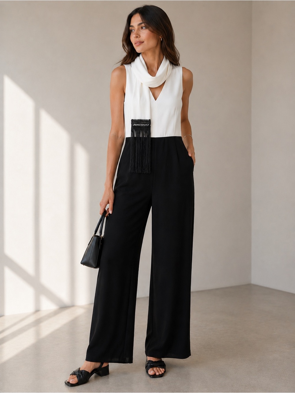 Trina Turk Jumpsuit with Fringe Scarf